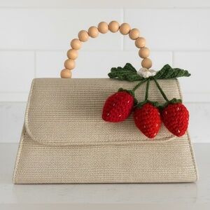 Wood Handled Cream Purse with Crocheted Strawberry Bag Charm EUC
